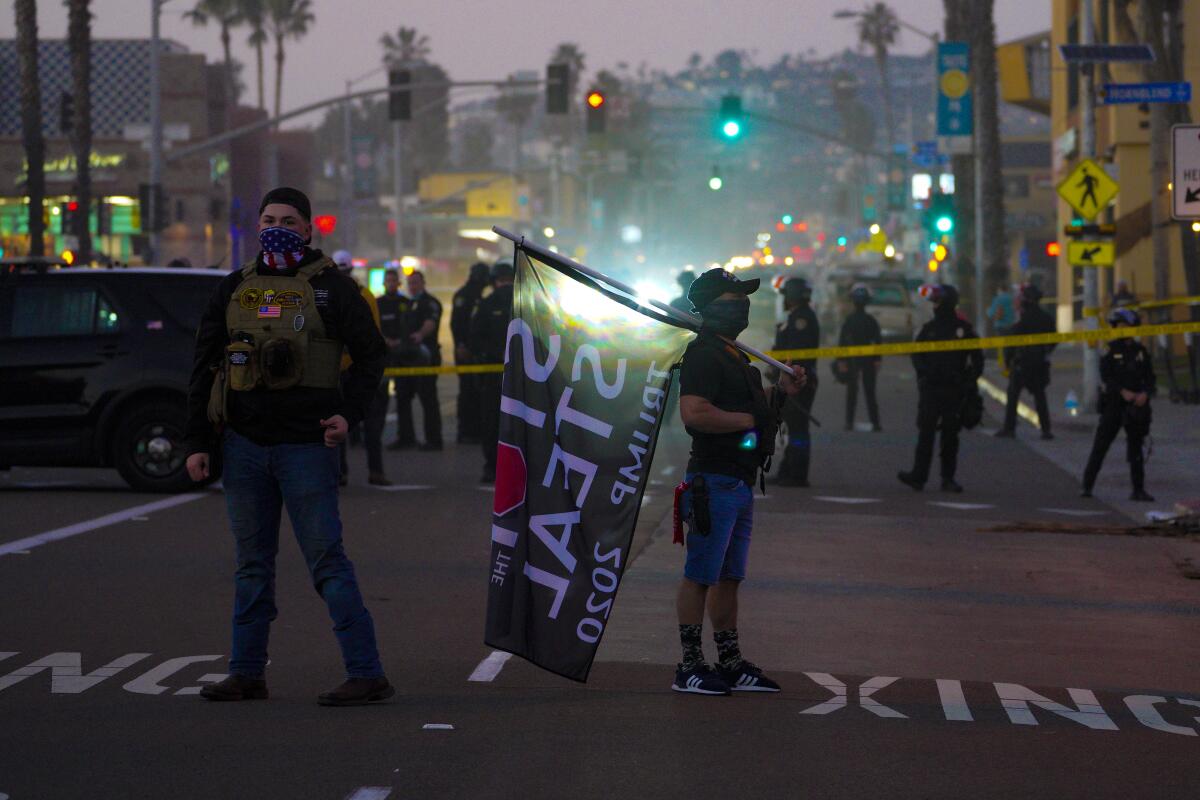 In this Jan. 9, 2021, photo, Trump supporters stand in Mission Boulevard during a "Patriot March" in Pacific Beach.