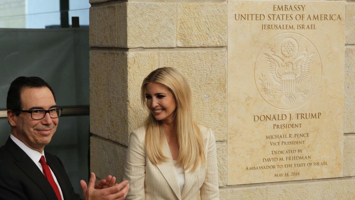 Ivanka Trump and Treasury Secretary Steven T. Mnuchin attend the opening ceremony of the new U.S. Embassy in Jerusalem on May 14.