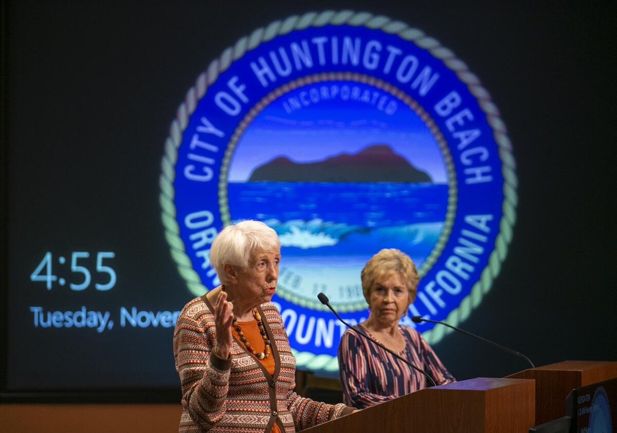 Shirley Dettloff addresses the Huntington Beach City Council on Nov. 1, 2022.