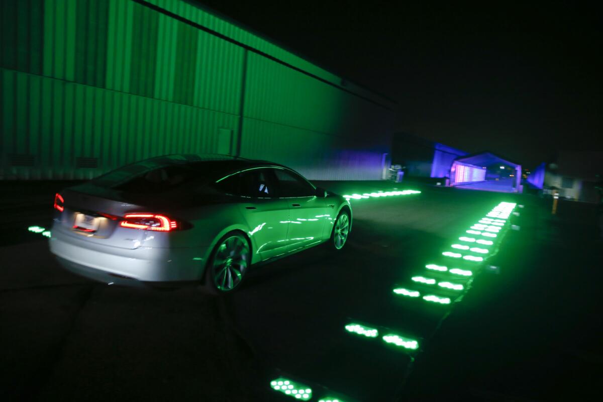 The P85D dual-motor version of Tesla's Model S sedan, on display in October at the carmaker's Hawthorne Airport facility.