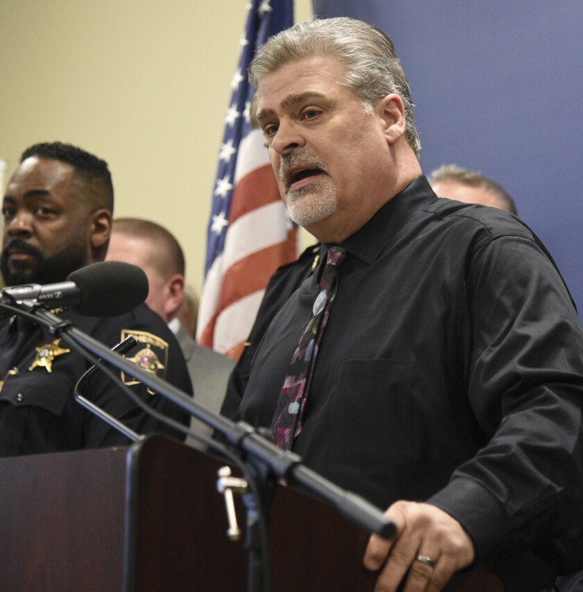 Lisle police detective Chris Loudon speaks during a press conference in Wheaton, Ill., Monday, Jan. 13, 2020. A suspected serial killer strangled a suburban Chicago teenage girl in 1976 and likely killed another woman just days before she was to testify in court that he raped her, police said Monday. (Rick West/Daily Herald via AP)