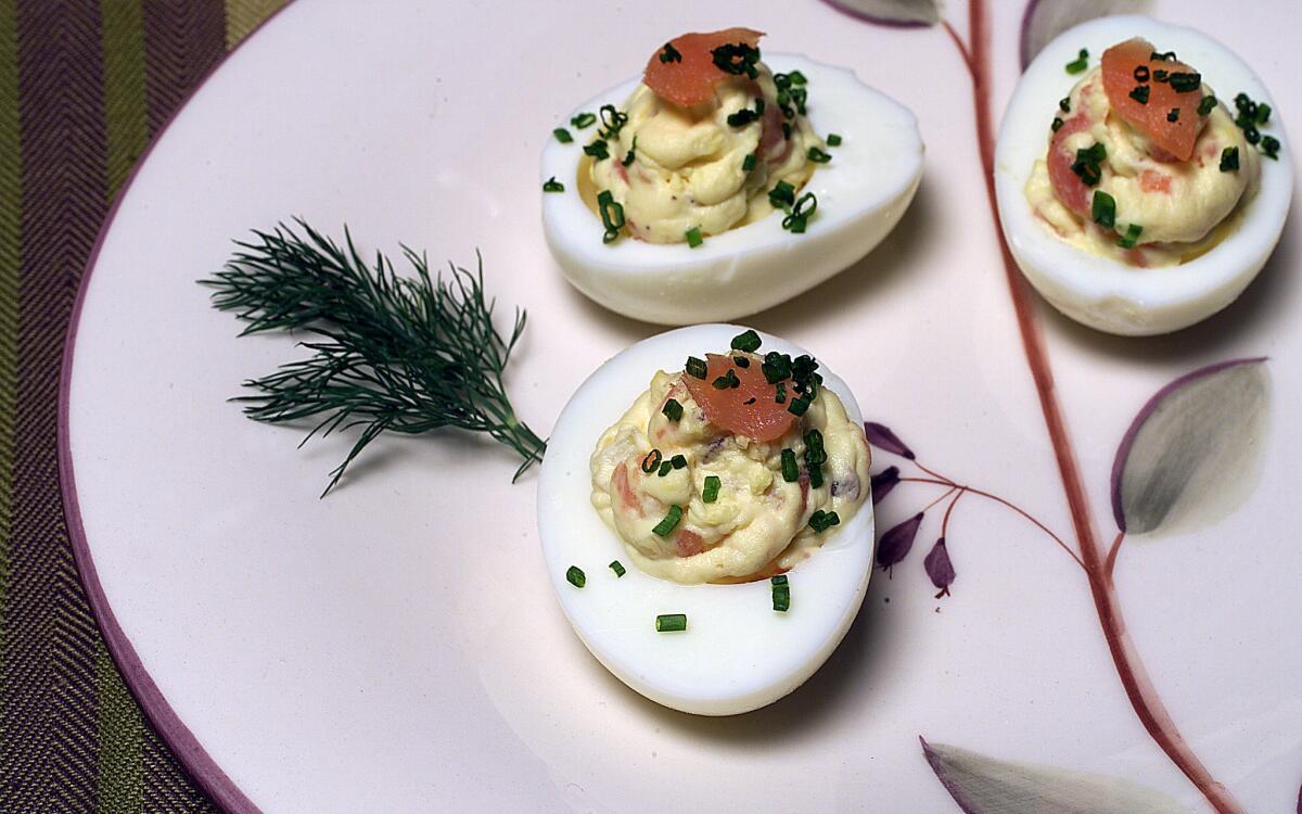 Deviled eggs with smoked salmon, fennel and capers