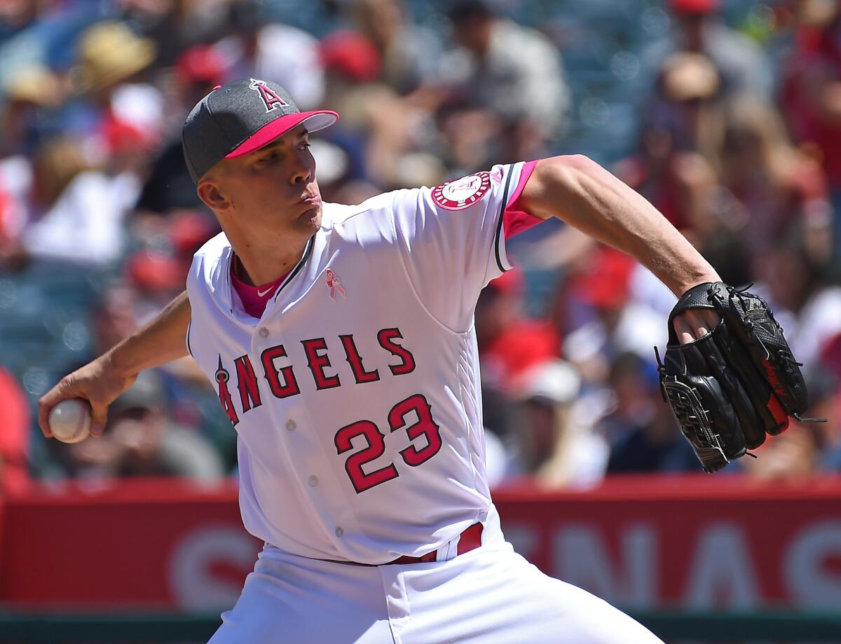 ANAHEIM, CA - MAY 14: Alex Meyer #23 of the Los Angeles Angels in the fifth inning of the game against the Detroit Tigers at Angel Stadium of Anaheim on May 14, 2017 in Anaheim, California. Players are wearing pink to celebrate Mother's Day weekend and support breast cancer awareness.(Photo by Jayne Kamin-Oncea/Getty Images) ** OUTS - ELSENT, FPG, CM - OUTS * NM, PH, VA if sourced by CT, LA or MoD **