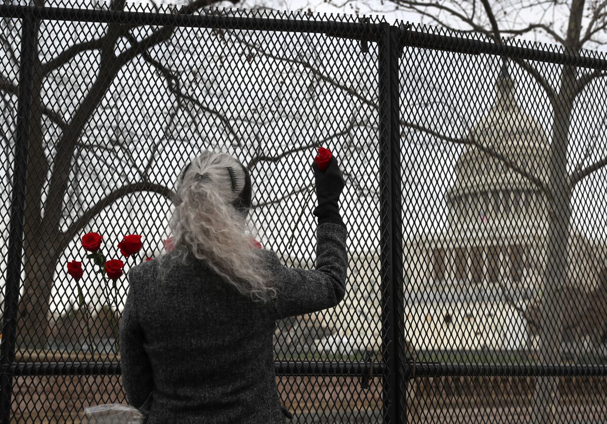 Patty Raine places roses in the fence near the U.S. Capitol Building.