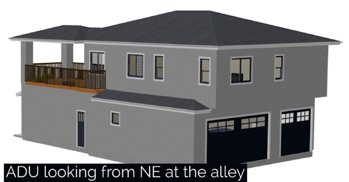 A rendering illustrates a two-car garage/workshop, a carport and companion unit above and a deck planned for 420 Bonair St.