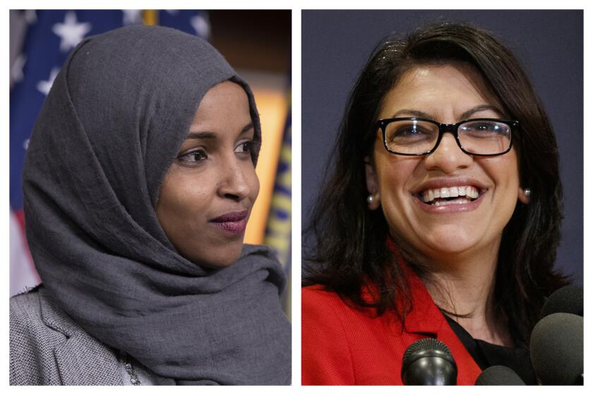 FILE - This combination of 2018 photos shows Reps.-elect Ilhan Omar, D-Minn., left, and Rashida Tlaib, D-Mich., in Washington. On Friday, Dec. 21, 2018, The Associated Press has found that stories circulating on the internet that three Muslim congresswomen refused to sign the oath of office to uphold the U.S. Constitution, are untrue. Representatives for both Omar and Tlaib described those claims as categorically false. The two became the first and only Muslim women elected to Congress in 2018. (AP Photo/Carolyn Kaster, File)