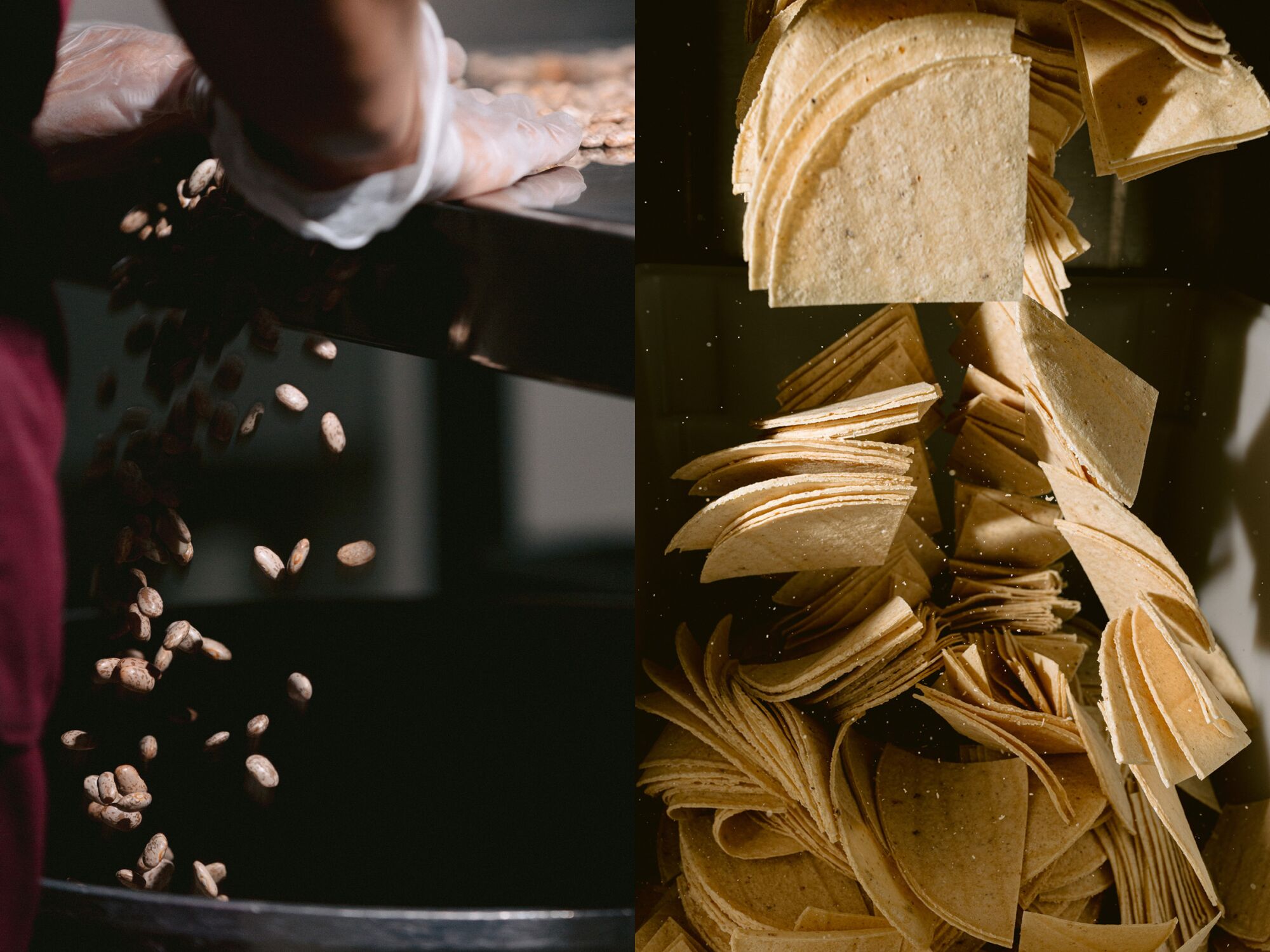 Two photos side by side of pinto beans falling off a counter, left, and cut tortillas falling.