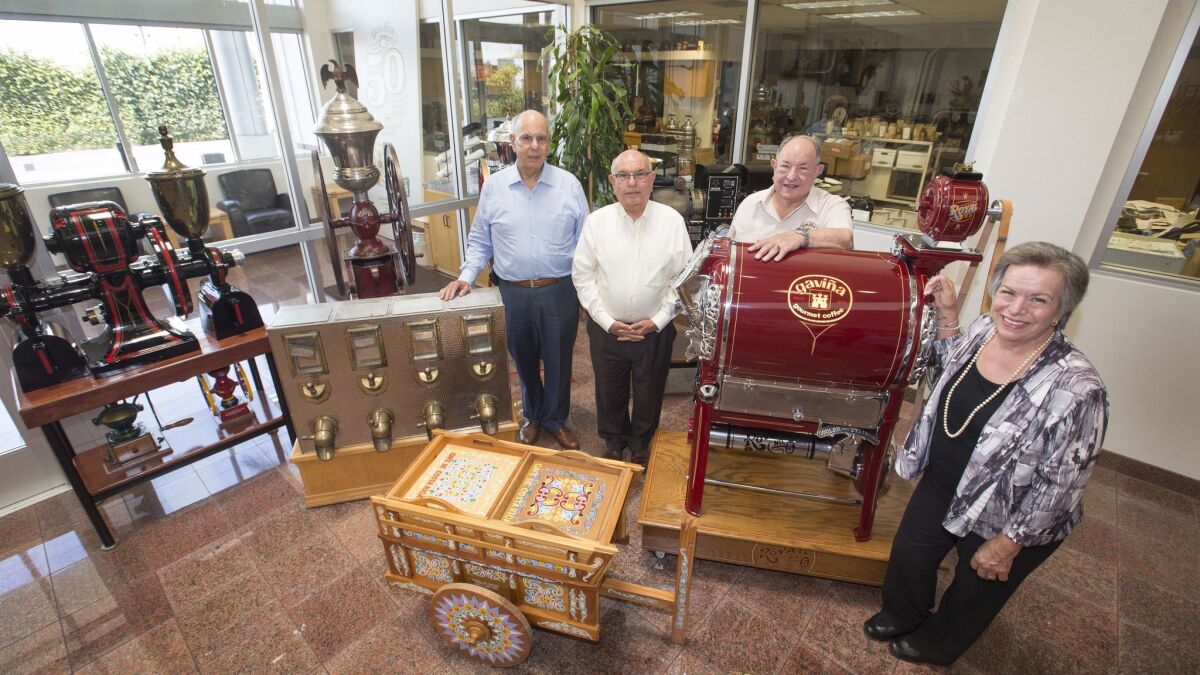 The Gaviña family from left: Pedro Gaviña, Jose Gaviña, Paco Gaviña, Lenor Gaviña-Valls, at Gaviña Gourmet Coffee, who are celebrating their 50th anniversary.