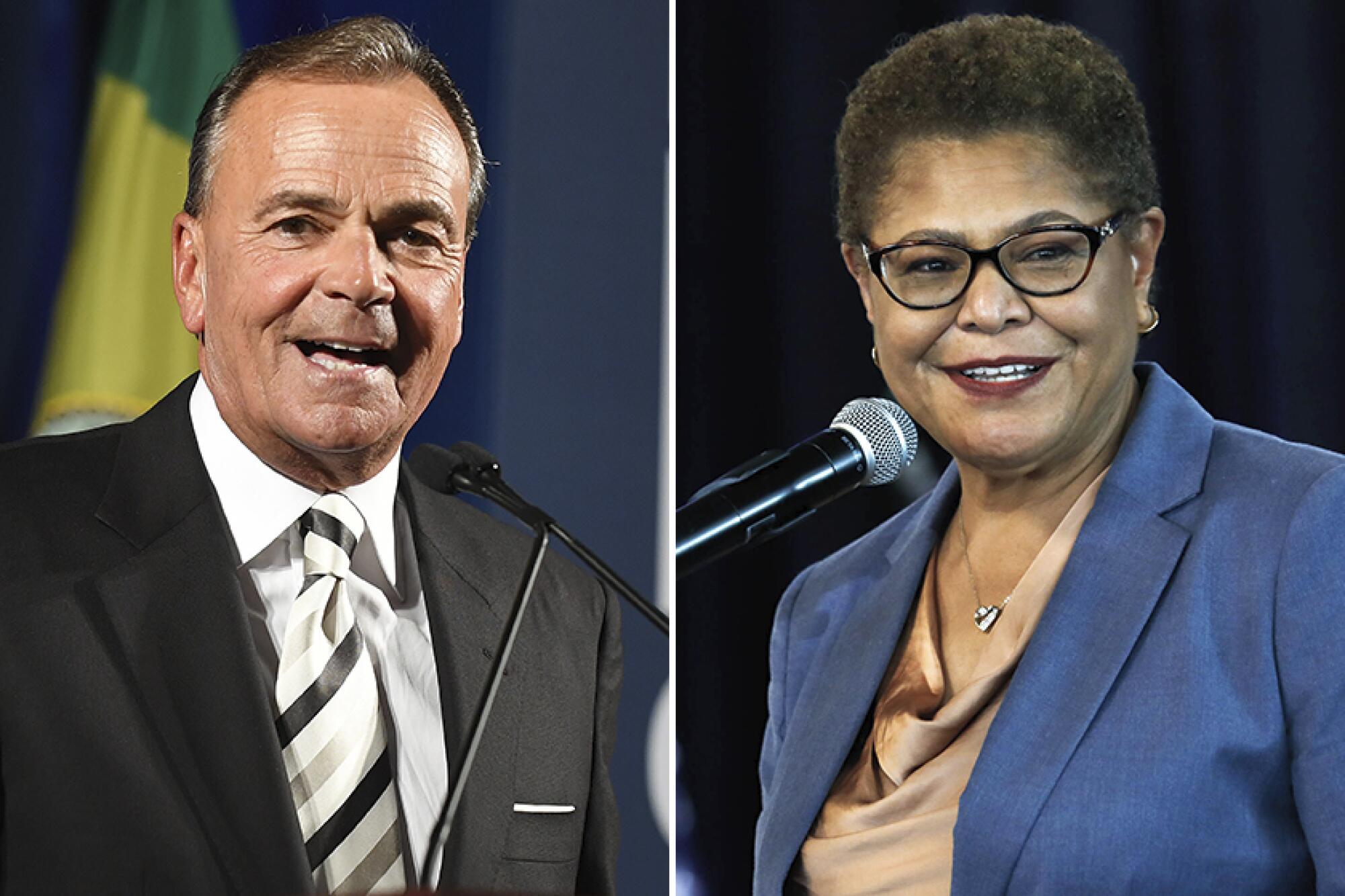 Los Angeles mayoral candidates Rick Caruso and Karen Bass.