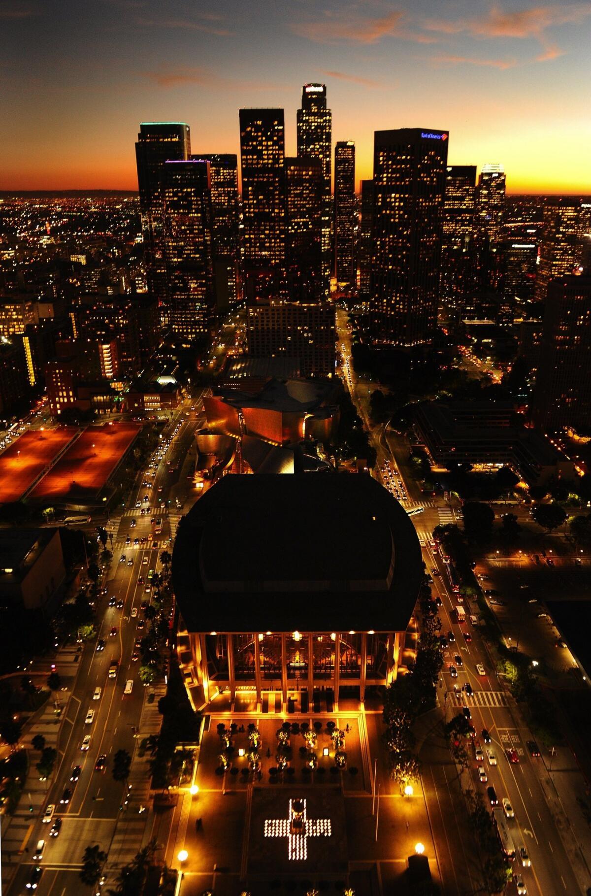An aerial view of Dorothy Chandler Pavilion in downtown Los Angeles.