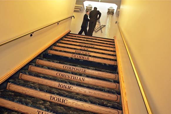 The main stairway of the Santa Monica center is inscribed with architectural and educational tenets. The building is home to several Masonic lodges, including the first one in Los Angeles, the Grand Lodge of Iran (in exile) and Santa Monica-Palisades No. 307, one of the youngest-skewing lodges in the state. More... • Freemasons gain a higher, hipper profile Also in Image: • The Big Deal: Shoe bargains to get lost in • Hey Dodger fans: True Blue tattoo shop, Los Feliz • Bob Mackie reunites with Cher • Cher through the years - dressed by Bob Mackie • Meet the millennial Masons • Stylish Masons through history