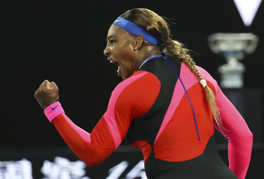 United States' Serena Williams reacts after winning a point against Romania's Simona Halep during their quarterfinal match at the Australian Open tennis championship in Melbourne, Australia, Tuesday, Feb. 16, 2021.(AP Photo/Hamish Blair)