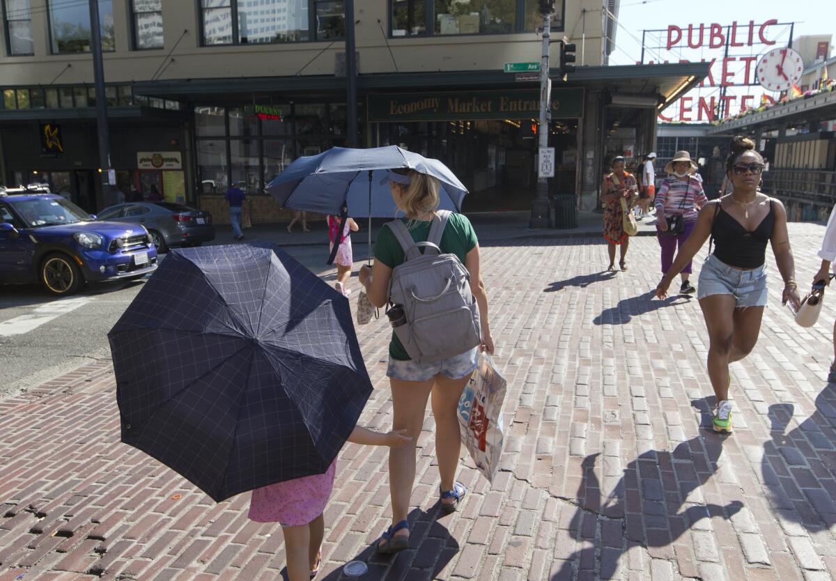 A mother and daughter cross a street while holding umbrellas. 