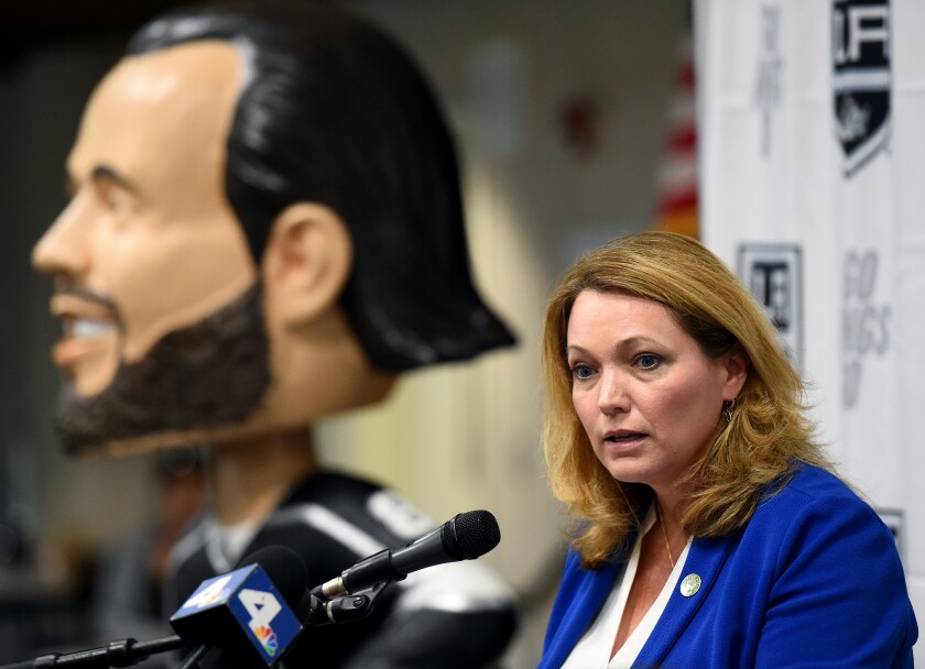 Nicole Hockley, co-founder and managing director of Sandy Hook Promise, announces a partnership with the Los Angeles Kings at Hermosa Valley School on Tuesday.