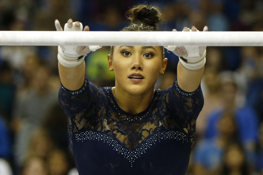 LOS ANGELES, CALIFORNIA - JANUARY 21: UCLA's Kyla Ross competes on uneven bars during a PAC-12 meet against Arizona State at Pauley Pavilion on January 21, 2019 in Los Angeles, California. (Photo by Katharine Lotze/Getty Images) ** OUTS - ELSENT, FPG, CM - OUTS * NM, PH, VA if sourced by CT, LA or MoD **
