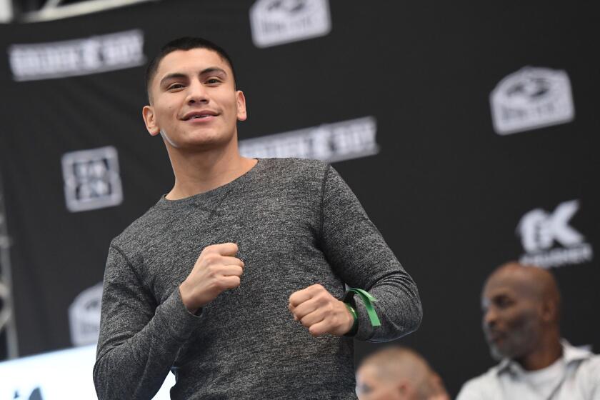 Vergil Ortiz Jr. attends the official weigh-in for the fight between Canelo Alvarez and Sergey Kovalev on Nov. 1` at MGM Grand Garden Arena. (Photo by Ethan Miller/Getty Images)