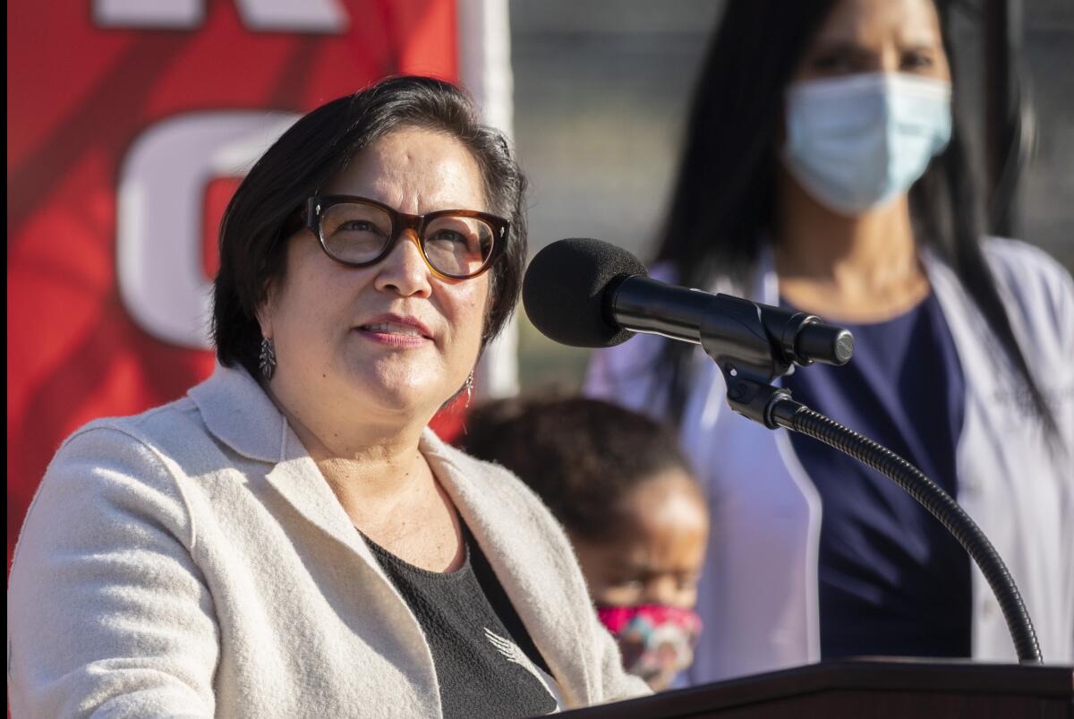 L.A. interim superintendent Megan Reilly at a news conference