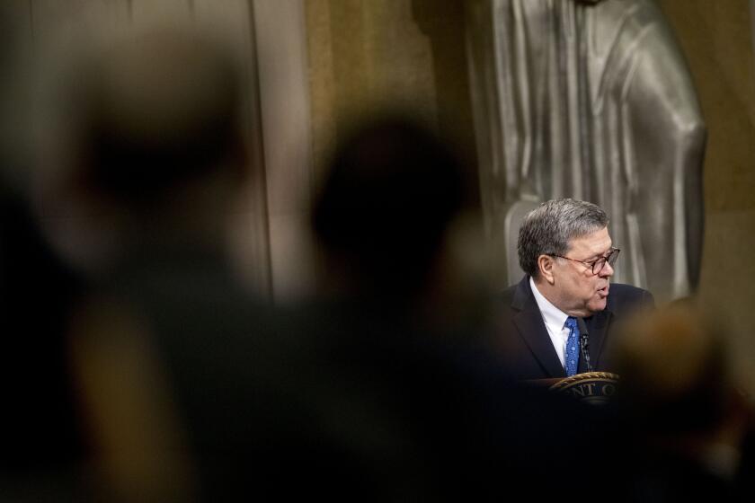 Attorney General William Barr speaks during a farewell ceremony for Rosenstein in the Great Hall at the Department of Justice in Washington, Thursday, May 9, 2019. Rosenstein is set to step down as Deputy Attorney General May 15th. (AP Photo/Andrew Harnik)