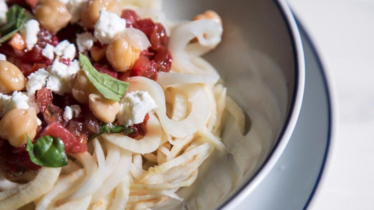 Celeriac pasta with tomatoes and mint or basil.