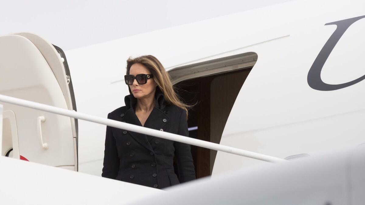 Melania Trump, wife of President-elect Donald Trump, arrives at Joint Base Andrews in Maryland the day before her husband's swearing-in ceremony as the 45th president of the United States.