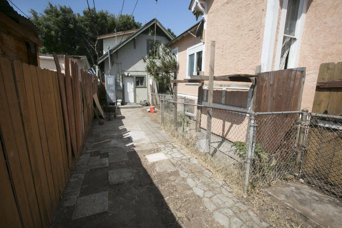 This is the backyard of the "panhandle" shaped lot that is very skinny and long. The Logan Heights house was photographed on Tuesday July, 2, 2019.