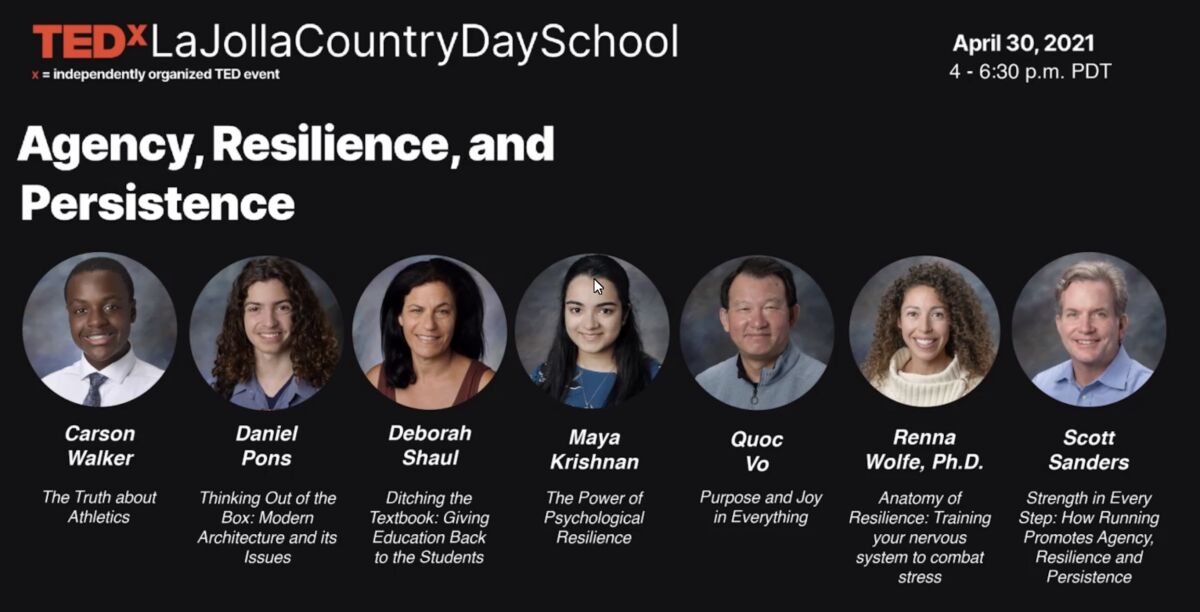 Seven speakers took the virtual stage for La Jolla Country Day School's inaugural TEDx event.