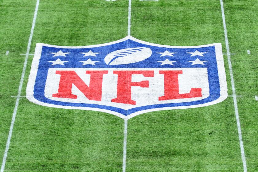 LONDON, ENGLAND - OCTOBER 13: Detailed view of the NFL logo on the pitch during the NFL match between the Carolina Panthers and Tampa Bay Buccaneers at Tottenham Hotspur Stadium on October 13, 2019 in London, England. (Photo by Alex Burstow/Getty Images)