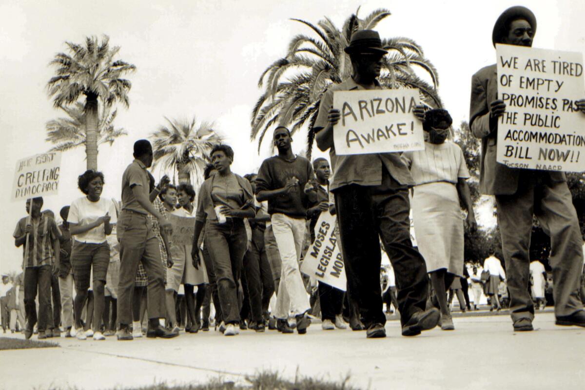 Civil rights leader Lincoln Ragsdale leads a 1962 march on the Arizona Capitol in Phoenix to call for the desegregation of public places.