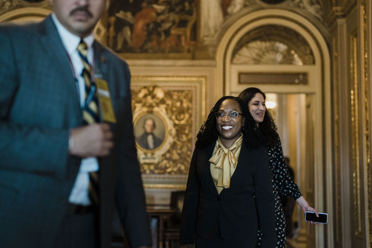Supreme Court nominee Judge Ketanji Brown Jackson walks in the U.S. Capitol on March 2.
