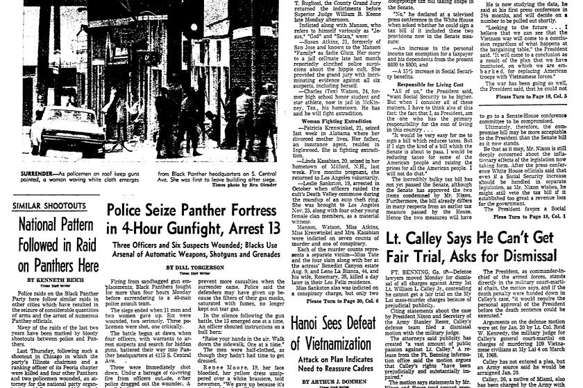 The front page of The Times on Dec. 9, 1969 when Charles Manson and five others were indicted for the murder of actress Sharon Tate and others.