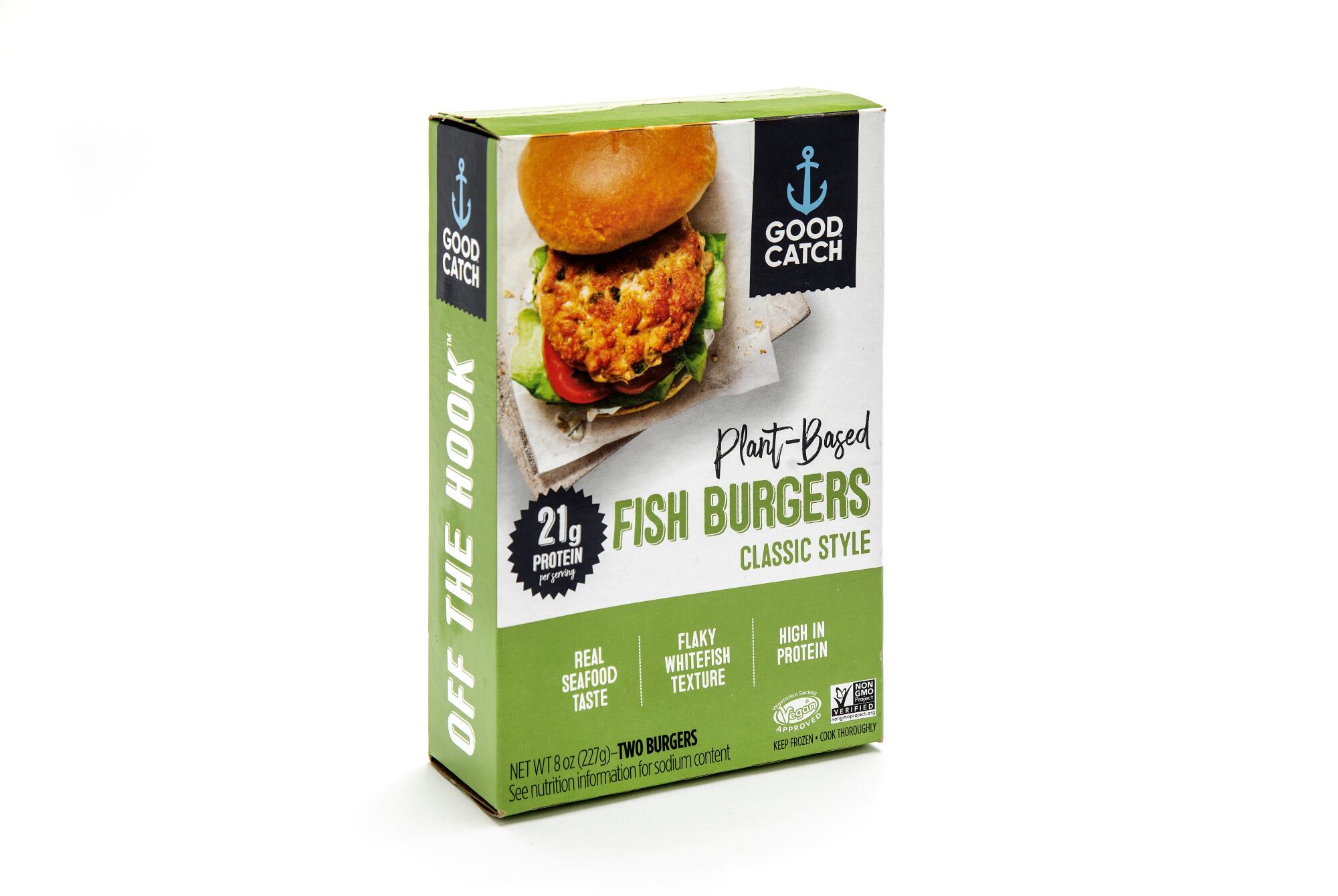 A box of plant-based fish burgers 