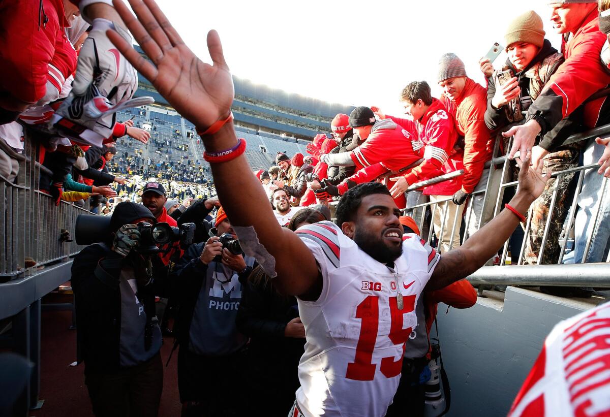 ANN ARBOR, MI - NOVEMBER 28: Ezekiel Elliott #15 of the Ohio State Buckeyes leaves the field after a 42-13 win over the Michigan Wolverines at Michigan Stadium on November 28, 2015 in Ann Arbor, Michigan. (Photo by Gregory Shamus/Getty Images) ** OUTS - ELSENT, FPG, CM - OUTS * NM, PH, VA if sourced by CT, LA or MoD **