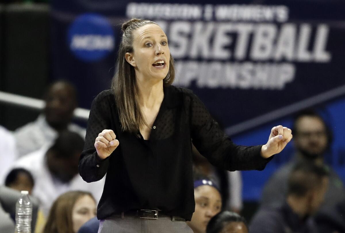 FILE - In this March 23, 2019, file photo, California head coach Lindsay Gottlieb instructs her team in the first half of a first round women's college basketball game in the NCAA Tournament, in Waco, Texas. Lindsay Gottlieb is returning to the Pac-12 as the head women's basketball coach at Southern California. The school on Monday, May 10, 2021, announced the hiring of Gottlieb, an assistant coach with the NBA's Cleveland Cavaliers. (AP Photo/Tony Gutierrez, File)