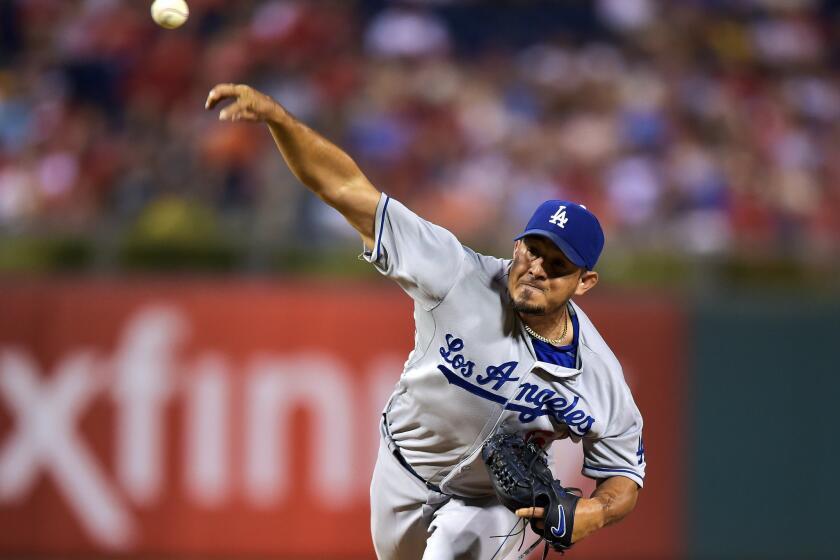 Dodgers reliever Joel Peralta delivers a pitch in the seventh inning against the Phillies.