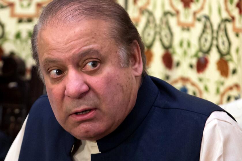 FILE - In this Sept. 26, 2017 file photo, Pakistan's former Prime Minister Nawaz Sharif addresses a news conference in Islamabad, Pakistan. Pakistanâs anti-corruption authorities early Monday, Oct. 9, 2017 arrested the son-in-law of former Prime Minister Nawaz Sharif in connection with corruption cases pending against him. (AP Photo/B.K. Bangash, File)