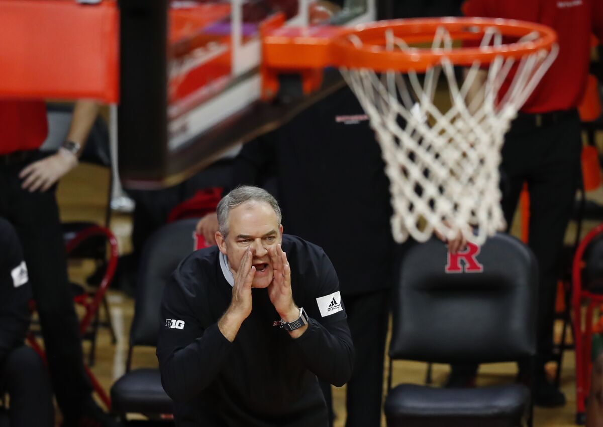 Rutgers head coach Steve Pikiell shouts during the second half of an NCAA college basketball game against Iowa in Piscataway, N.J., Saturday, Jan. 2, 2021. (AP Photo/Noah K. Murray)