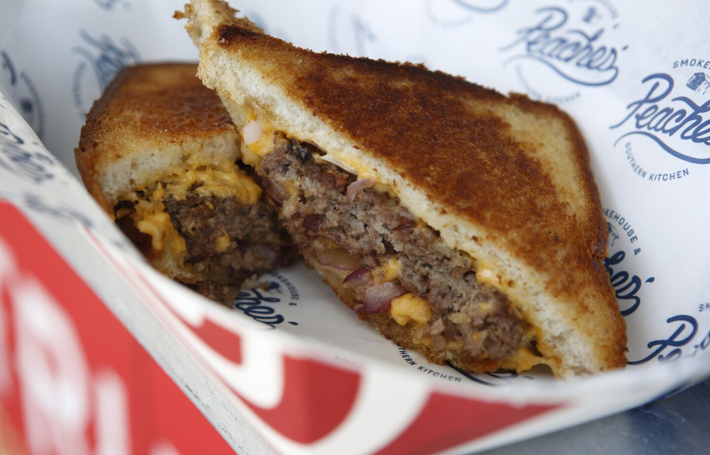 The patty melt at Peaches', a food truck specializing in Southern food.