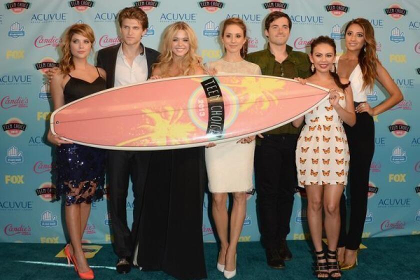 The summer finale of the ABC Family drama "Pretty Little Liars" ranked as the most social TV show of the week, generating nearly 1.9 million comments on Twitter. The cast, from left, Ashley Benson, Keegan Allen, Sasha Pieterse, Troian Bellisario, Ian Harding, Janel Parrish and Shay Mitchell, won the Choice TV Show at the Teen Choice Awards.
