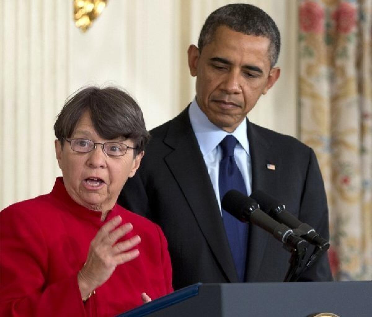 Mary Joe White and President Obama at a news conference in January during which he announced her nomination to lead the Securities and Exchange Commission.