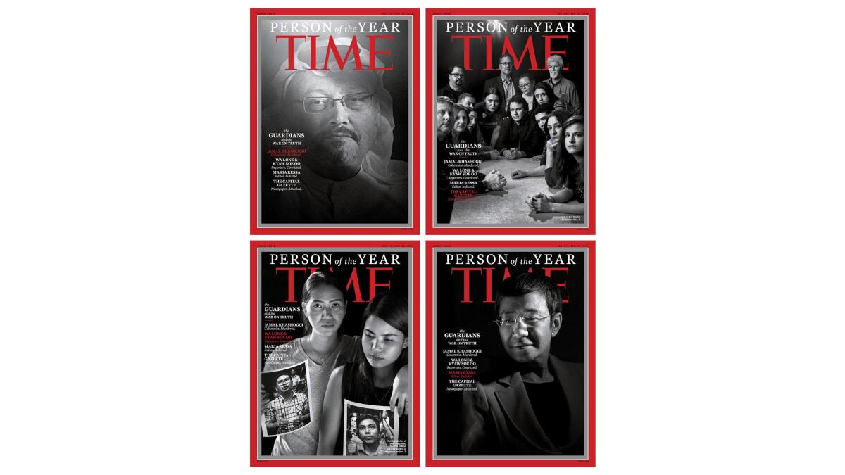 A combination photo shows Time magazine's four covers for its Person of the Year edition.