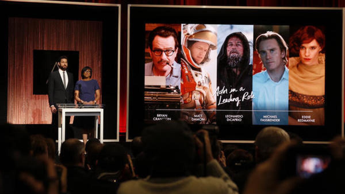 Actor John Krasinski, left, and Academy of Motion Picture Arts and Sciences President Cheryl Boone Isaacs are seen announcing nominees for the lead actor Oscar earlier this month.
