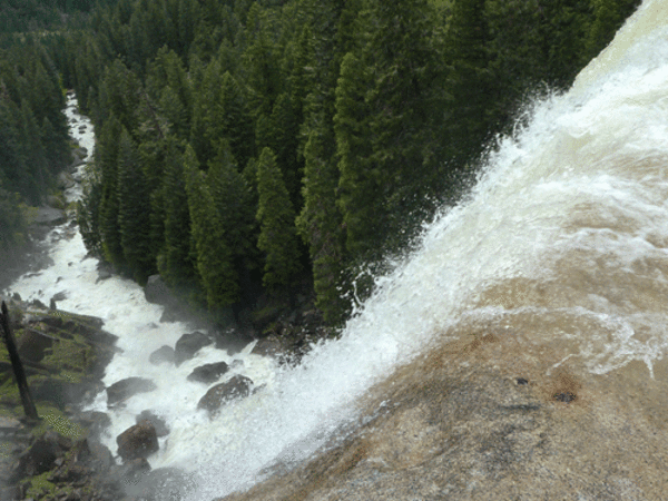 It's 317 feet down from the top of Vernal Fall, reached by a 1.5-mile, 1,000-foot elevation gain hike on the Mist Trail.