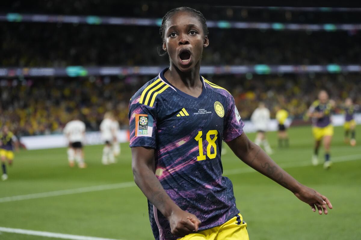 Linda Caicedo celebrates a goal.