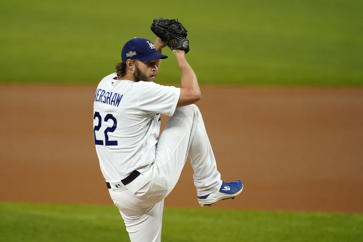 Dodgers starting pitcher Clayton Kershaw throws against the San Diego Padres in Game 2 of the NLDS on Oct. 7.