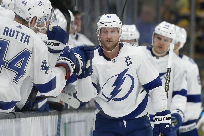 Tampa Bay Lightning's Steven Stamkos (91) celebrates his goal during the second period of an NHL hockey game against the Boston Bruins in Boston, Saturday, April 6, 2019. (AP Photo/Michael Dwyer)