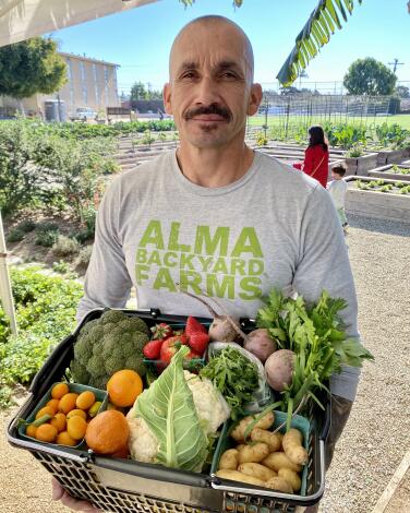 A man wearing an Alma Backyard Farms shirt holds a basket of fruit and vegetables