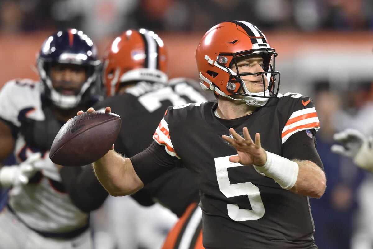Cleveland Browns quarterback Case Keenum throws during the second half against the Denver Broncos Thursday in Cleveland.