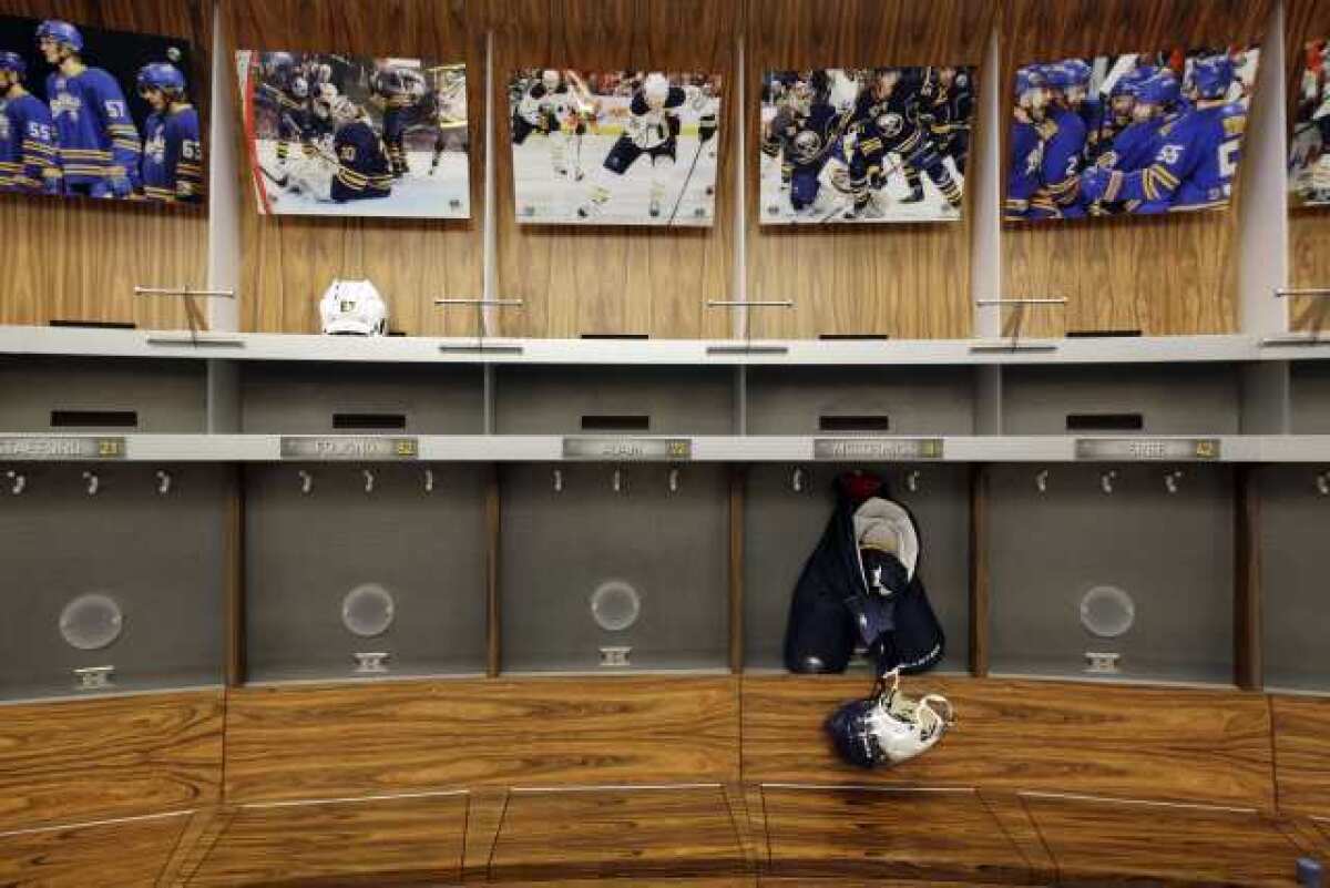 An empty Buffalo Sabres locker room at the First Niagara Center.