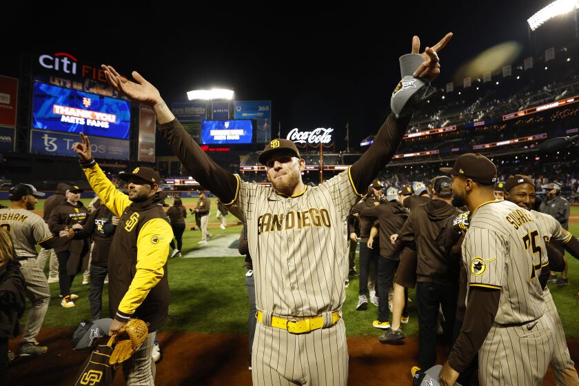 NEW YORK, NY - OCTOBER 9: San Diego Padres' Joe Musgrove celebrates after beating the New York Mets in Game 3 of the NL Wild Card series at Citi Field on Sunday, October 9, 2022 in New York, NY. (K.C. Alfred / The San Diego Union-Tribune)