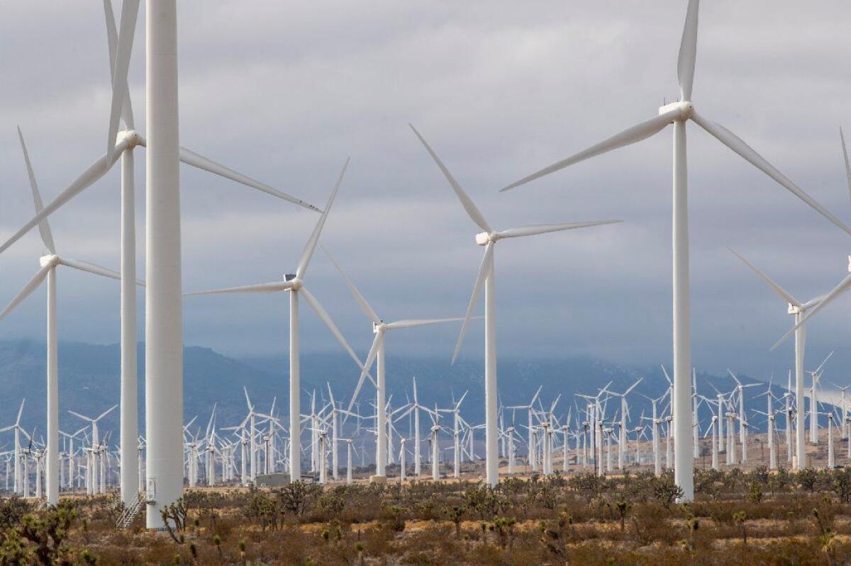Wind turbines in the Tehachapi-Mojave Wind Resource Area in Kern County on Jan. 8, 2019.